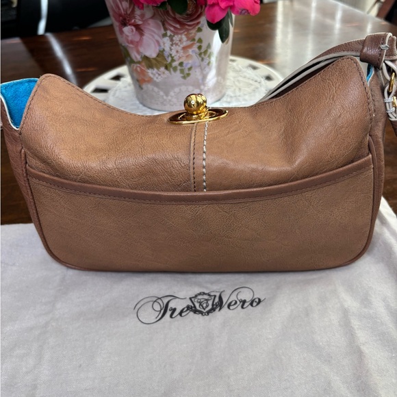 Tre Vero Brown Leather Shoulder Bag Gold Hardware Turquoise Lining 10x7 - Picture 11 of 12